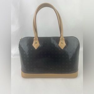 Arcadia Black/ Tan Genuine Patent Leather Embossed Satchel Bag